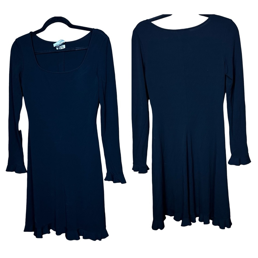 Melinda Eng Black Matte Jersey Long Sleeve Ruffled Hem Scoop Neck Midi Dress P